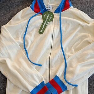 NWT Oxknit Women'sCream Hoodie with Blue and Red Accents
